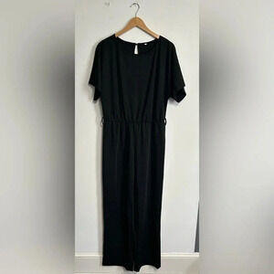 Women’s Large Black Polyester Jumpsuit Short‎ Sleeve Keyhole Coquette Retro Boho